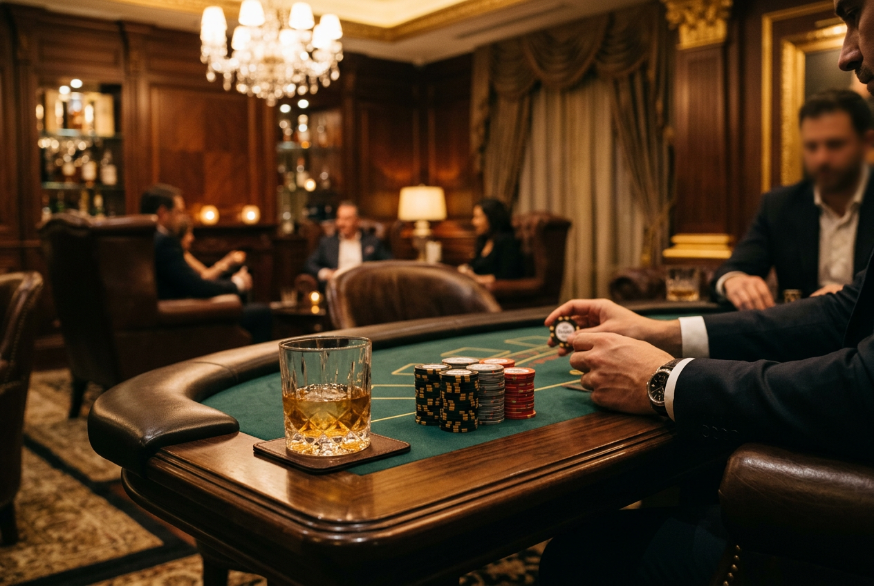 A luxurious private casino room lounge with high stakes gaming elements.